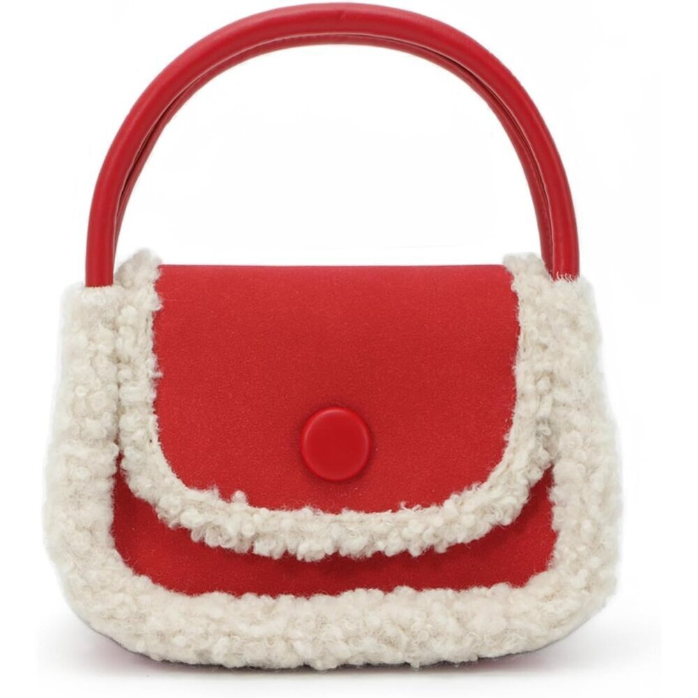 Women's Red Soft Winter Fluffy Fuzzy Plush Magnetic Closure Top Handle Purse